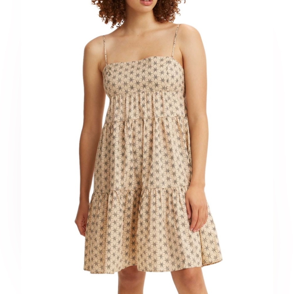NWT Levi’s Joni Dress Tiered Mini Dress Spaghetti Strap Tan Black Small